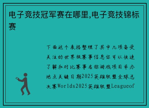 电子竞技冠军赛在哪里,电子竞技锦标赛